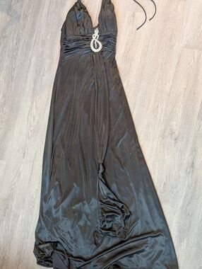Night Way Collections Black Halter Maxi Dress with Rhinestone Detail